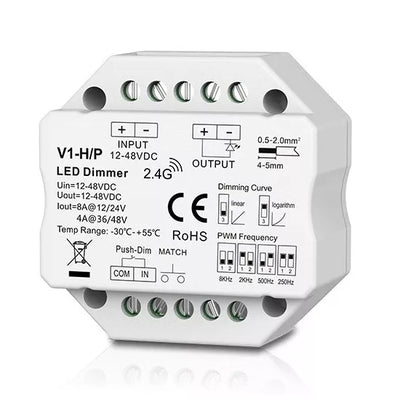 V1-H/P nuolatinės įtampos valdiklis, 12-48V, 1x 8A, Push-Dimm