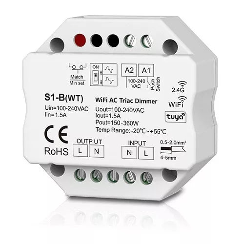 S1-B(WT) vieno kanalo 230V valdiklis, TRIAC, Push-Dimm, Tuya, Wi-Fi