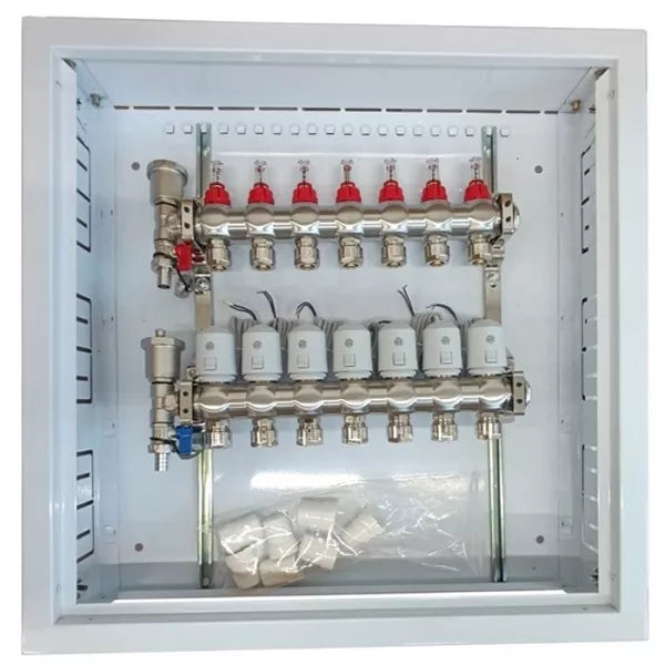 Grindinio šildymo kolektorius 7 kontūrų su terminėmis pavaromis NC AC230V ir debitomačiais