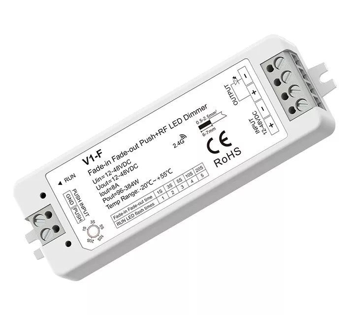 V1-F nuolatinės įtampos valdiklis, 12-48V, 1x 8A, Push-Dimm