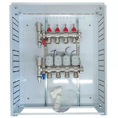 Grindinio šildymo kolektorius 4 kontūrų su terminėmis pavaromis NC AC230V ir debitomačiais