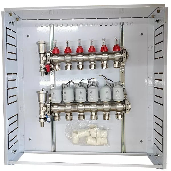 Grindinio šildymo kolektorius 6 kontūrų su terminėmis pavaromis NC AC230V ir debitomačiais