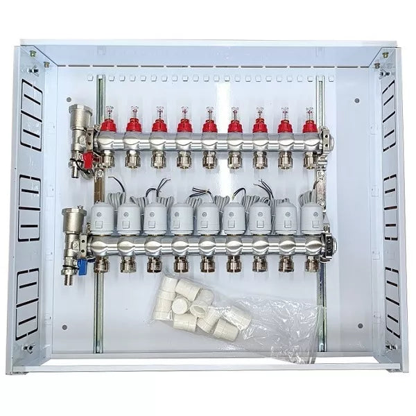 Grindinio šildymo kolektorius 9 kontūrų su terminėmis pavaromis NC AC230V ir debitomačiais