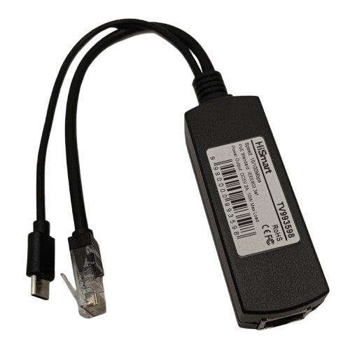 PoE 10/100M spliteris 10W, USB-C 5V 2A